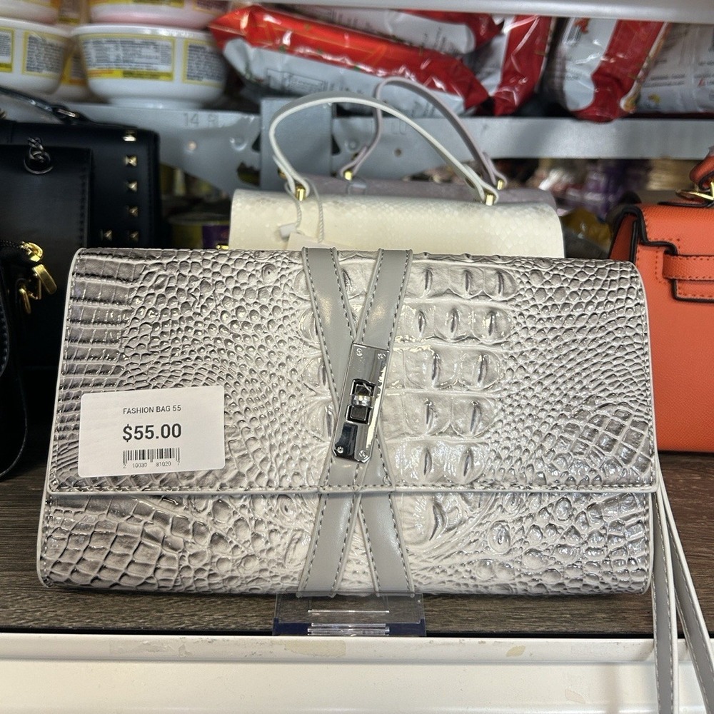 Gray Croc Embossed Medium Envelope Clutch Silver Push Lock, Detachable Strap